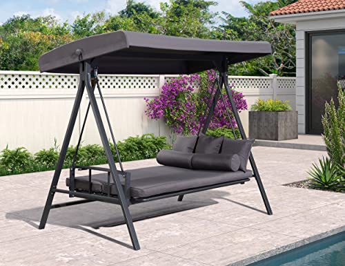 PURPLE LEAF Outdoor Patio Porch Swing with Adjustable PVC Canopy, 3-seat Swing Chair Bench with Side Cup Holder for Backyard Front Porch Lawn