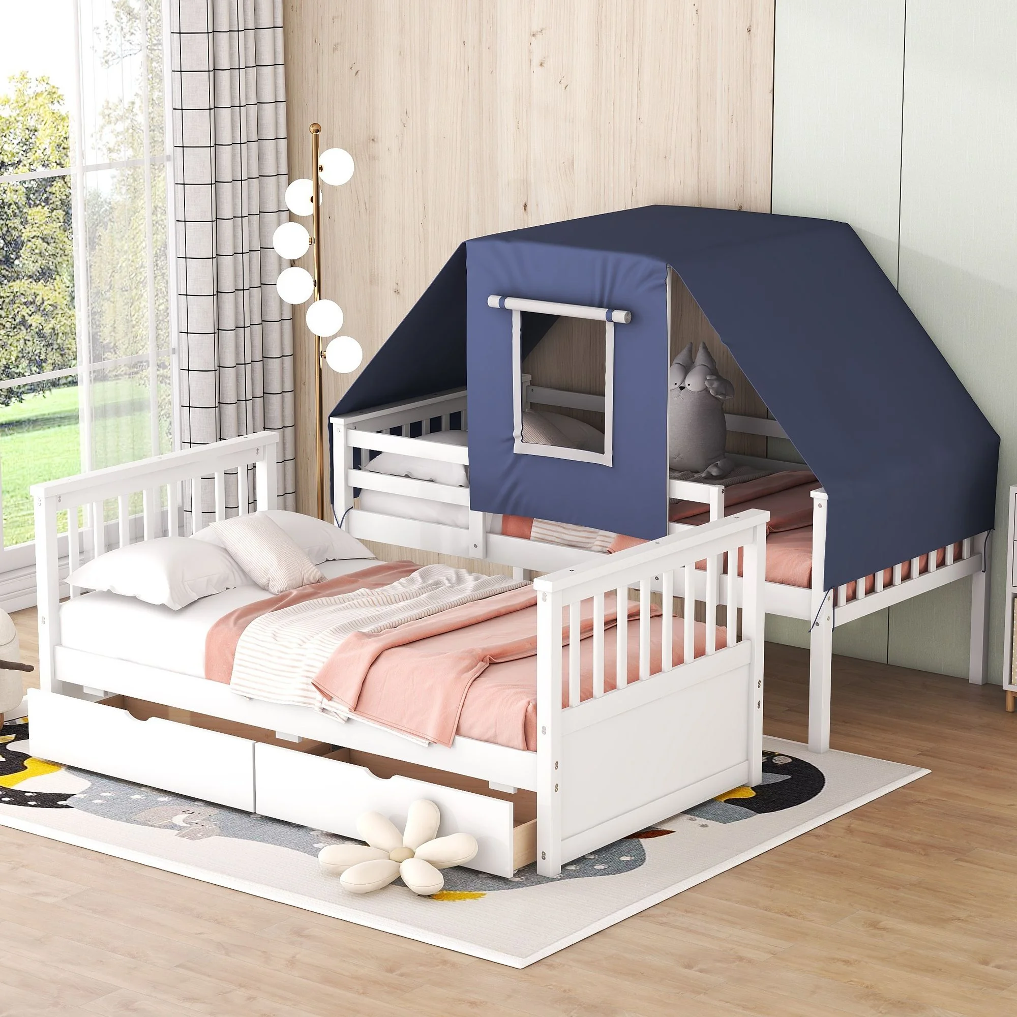 Twin Over Twin Bunk Bed with Tent and Drawers for Boys/Girls/Teens Bedroom, Wood Bed Frame with Safety Guardrail, No Box Spring Needed with Roof