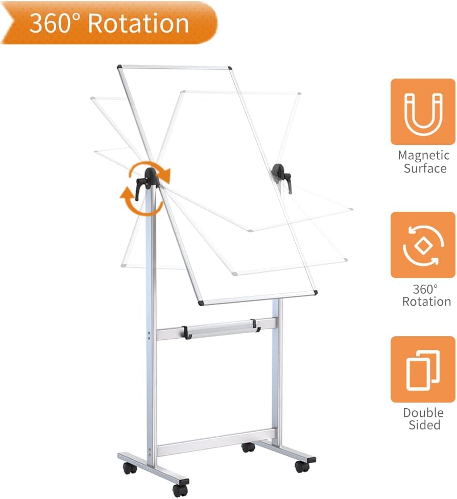 VIZ-PRO Double-sided Magnetic Mobile Whiteboard,48 x 24 Inches, Portrait Orientation,Aluminium Frame and Stand