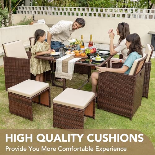 Devoko 9 Pieces Patio Dining Sets Outdoor Space Saving Rattan Chairs with Glass Table Patio Furniture Sets Cushioned Seating and Back Sectional