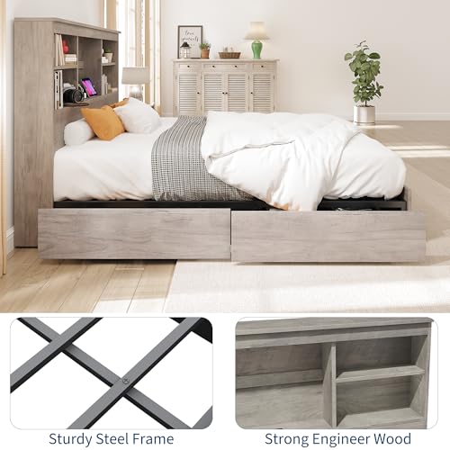 GarveeHome Full Size Bed Frame with High Storage Bookcase Headboard, Wood Bed Frame with 4 Storage Drawers, Built in Charging Station