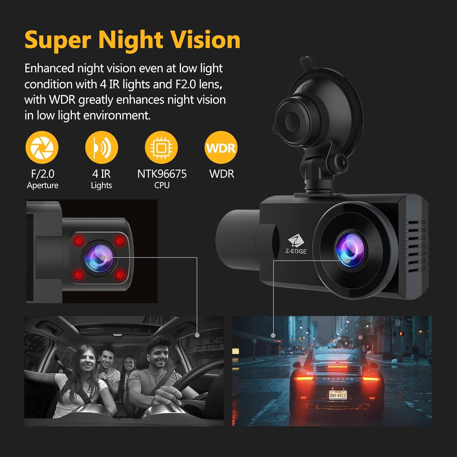 WiFi Dash Cam, Z-Edge New Version Z3Pro Dash Cam Front and Inside, 2K+1080P Front and Inside Dual Dash Cam, Car Camera, IR Night Vision, Parking Mode