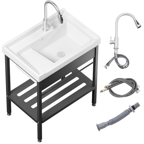 Stainless Steel Utility Sink, 30.8" × 22" × 39.5"Freestanding Sink with Cold and Hot Water Faucet,Hoses and Drain Kit for Kitchens, Bathrooms, Garage