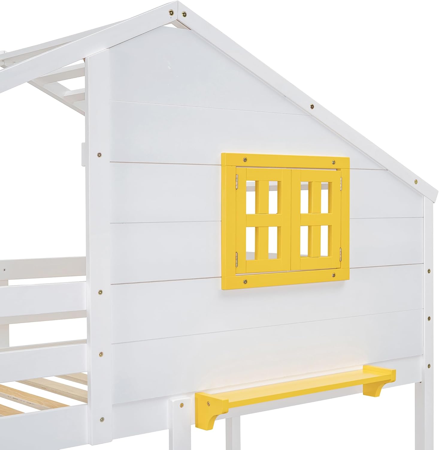 Multi-Functional Bunk Bed for Kids, Twin Size House Bunk Bedframe with Yellow Window & Two Storage Drawers, Open Shelves & Boxes