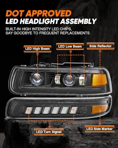 LED Headlights Assembly Headlamps Replacement for 1999-2002 Chevy Silverado 2000-2006 Suburban 00-06 Tahoe Sequential Turn Signal Hi/Low Beam DRL