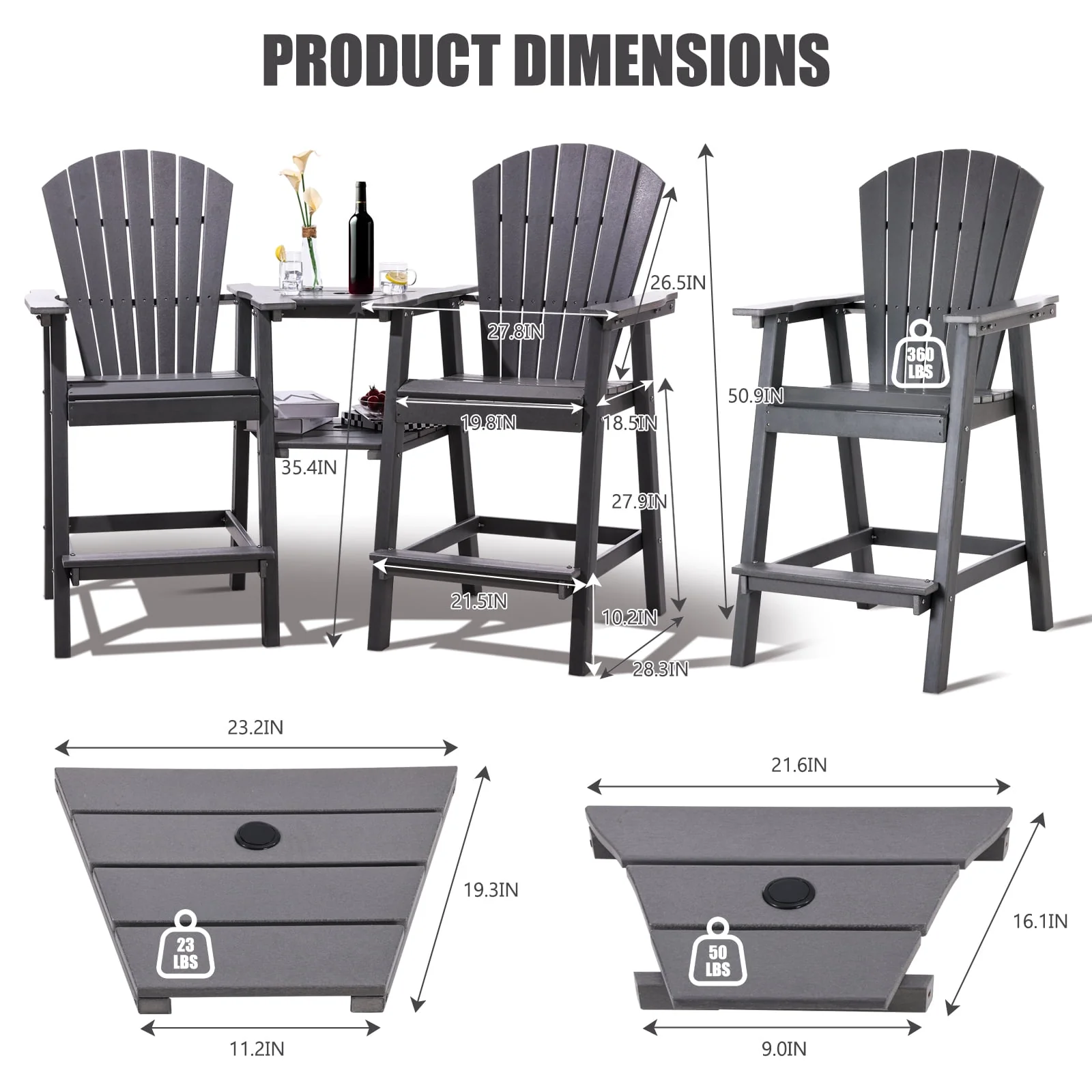 Tall Adirondack Chairs Set of 2 .Outdoor Adirondack Barstools with Double Connecting Tray Patio Stools Weather Resistant for Outdoor Deck Lawn Pool
