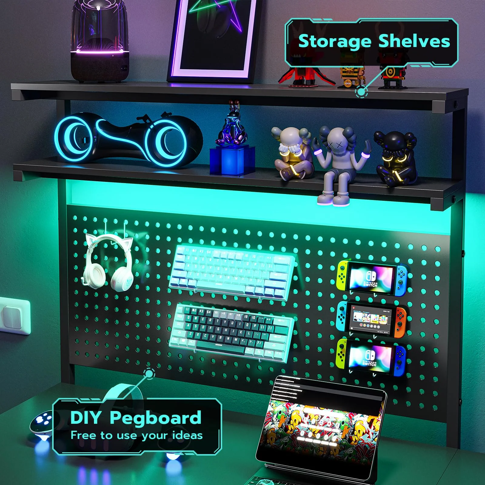 L Shaped Gaming Desk with LED Lights and Hutch,89.7" Home Office Computer Desk with 2 Drawers&Monitor Stand&Pegboard&Storage Shelves,Black