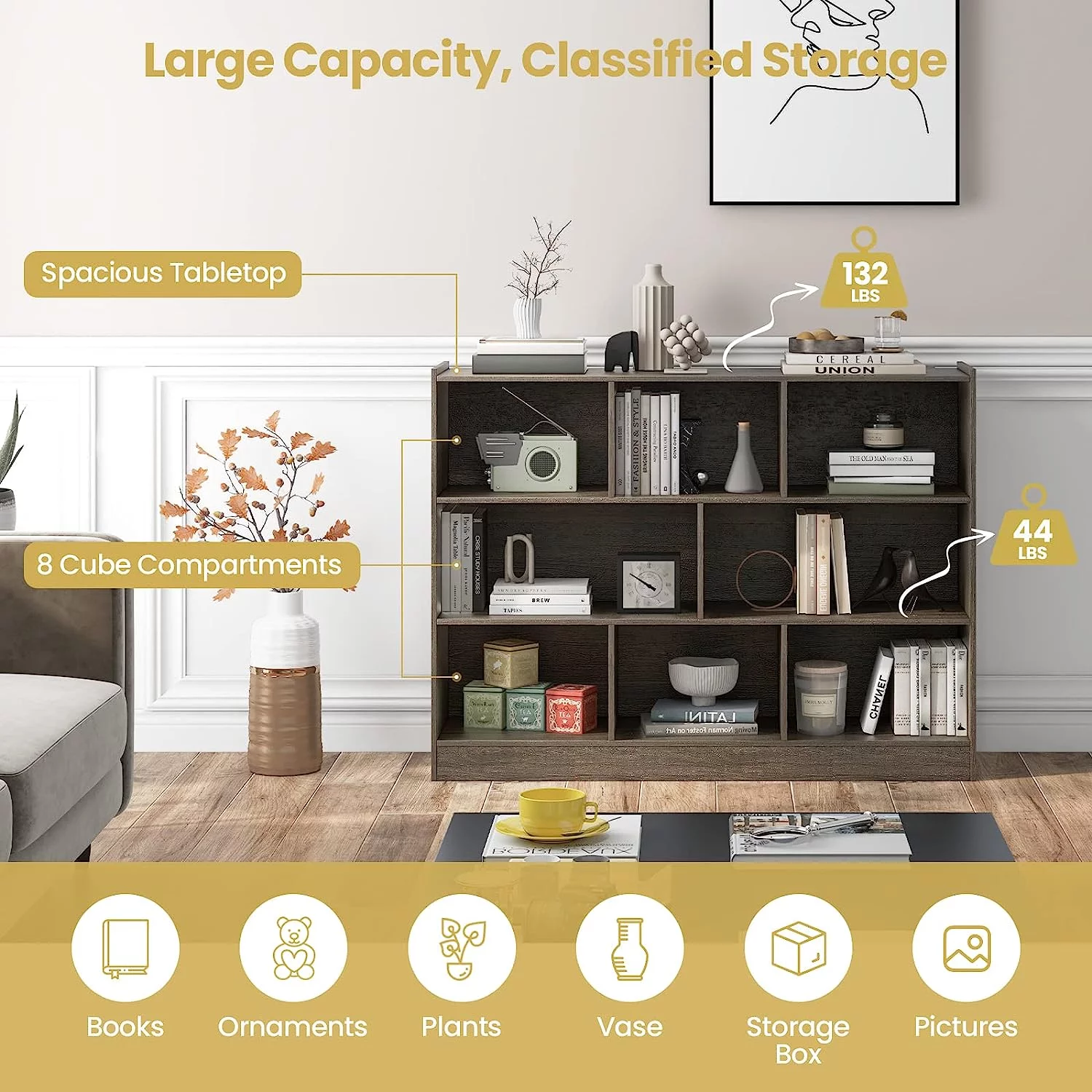 Wood Storage Cube Bookcase, 3 Tier 8 Cube Open Shelf Storage Cabinet, Multipurpose Bookshelf, Display Shelf for Living Room, Bedroom, Study