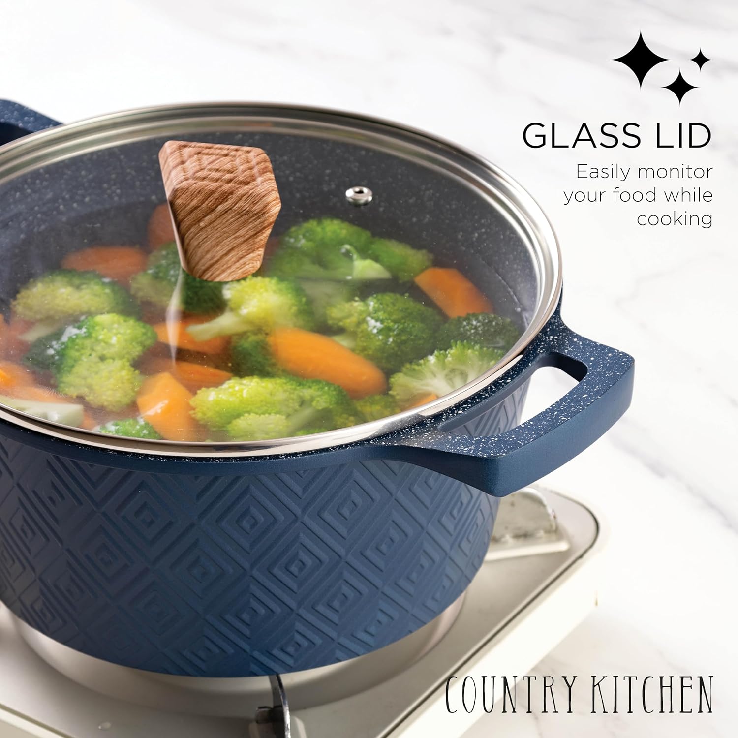 Country Kitchen Induction Cookware Sets - 13 Piece Nonstick Cast Aluminum Pots and Pans with BAKELITE Handles, Glass Lids- Rhombas Design (Navy)