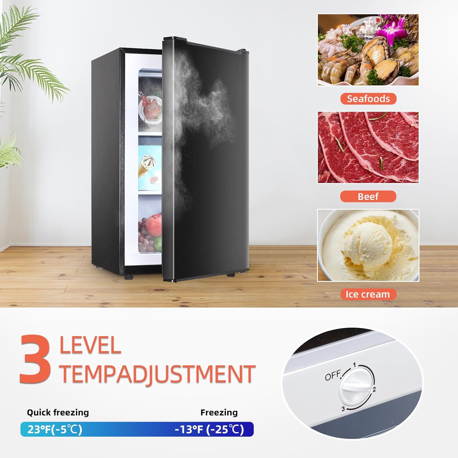 Maine Mini Upright freezer, 3.6 Cubic Feet, Single Door Compact Freezer with Reversible Stainless Steel Door
