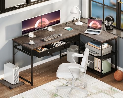 AODK 53 Inch L Shaped Computer Desk with Drawers, Corner Desk with Power Outlets & Reversible Storage Shelves