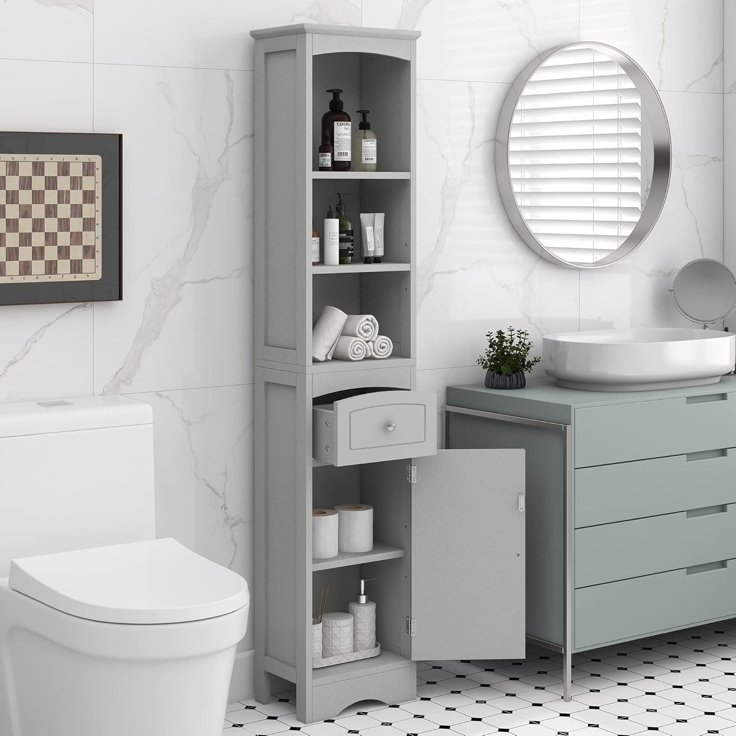 Tall Slim Bathroom Storage, Narrow Freestanding Floor Cabinets Tower w/ 3-Tier Adjustable Shelf and 1 Drawer for Home, Kitchen, Living Room