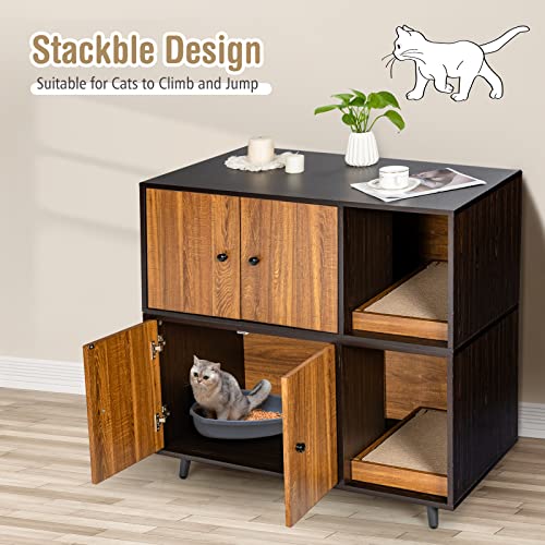 PETSITE Cat Litter Box Enclosure, Wooden Litter Box Cabinet with Divider, Scratching Pad & Metal Legs