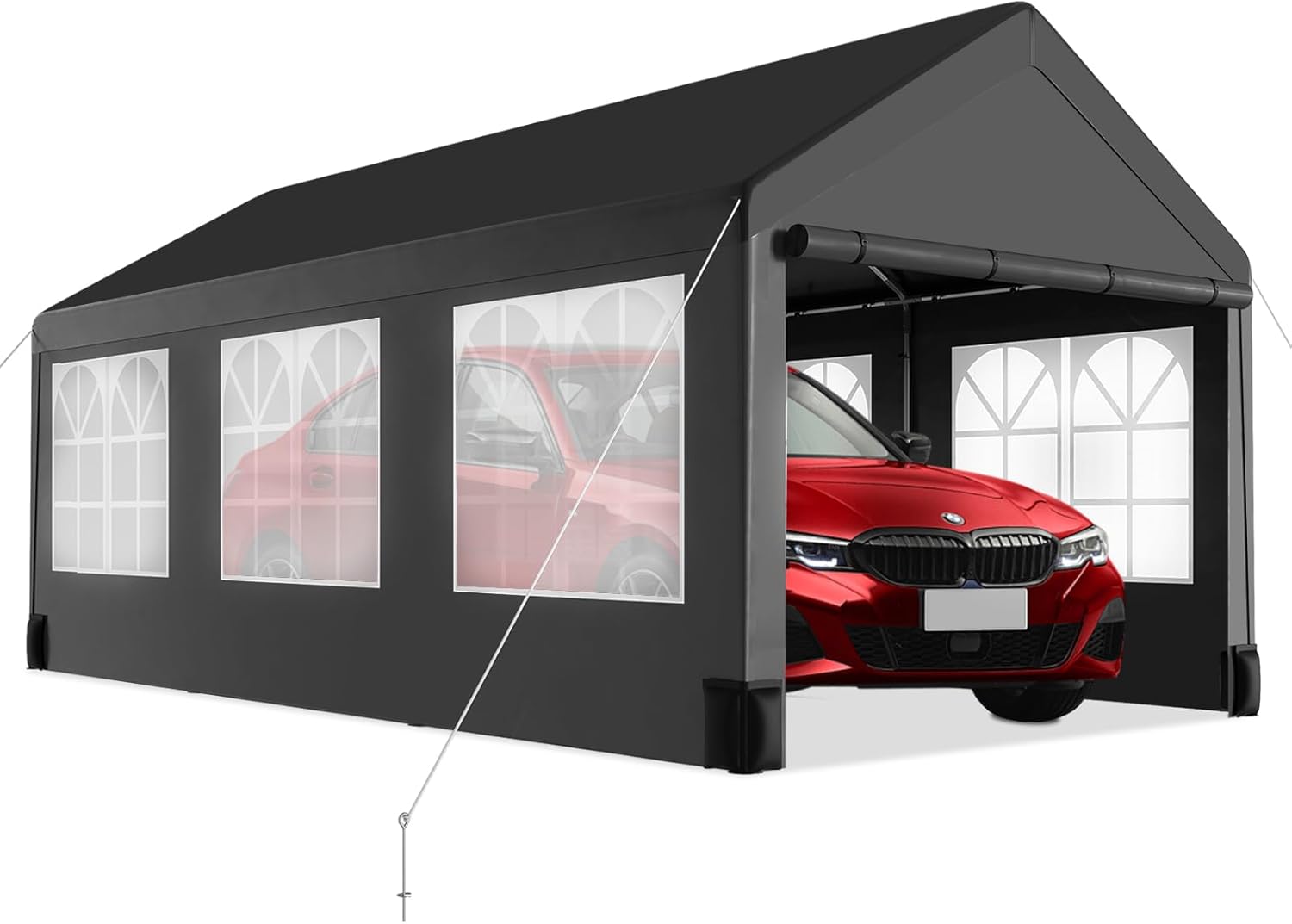 12 * 20 Heavy Duty Carport Canopy, Portable Car Tent Garage with 6 Roll-up Windows and All-Season Tarp Cover, Metal Roof & 4 Sandbags for Car, SUV