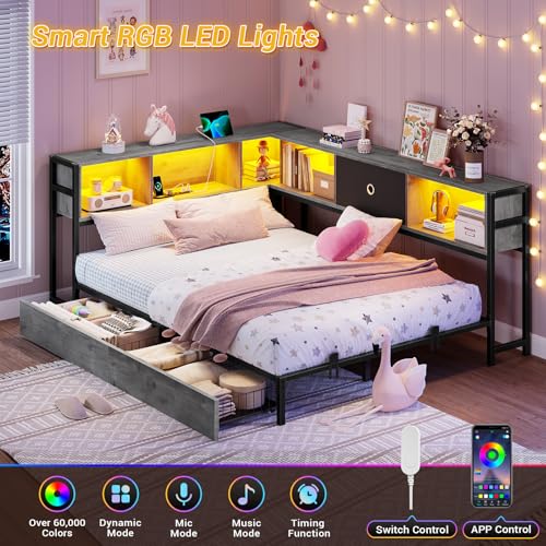 Hasuit Corner Bed Frame with Storage Bookcase, Twin Daybed with Storage Drawers Underneath, Kids Bed Unit with Charging Station and LED Light
