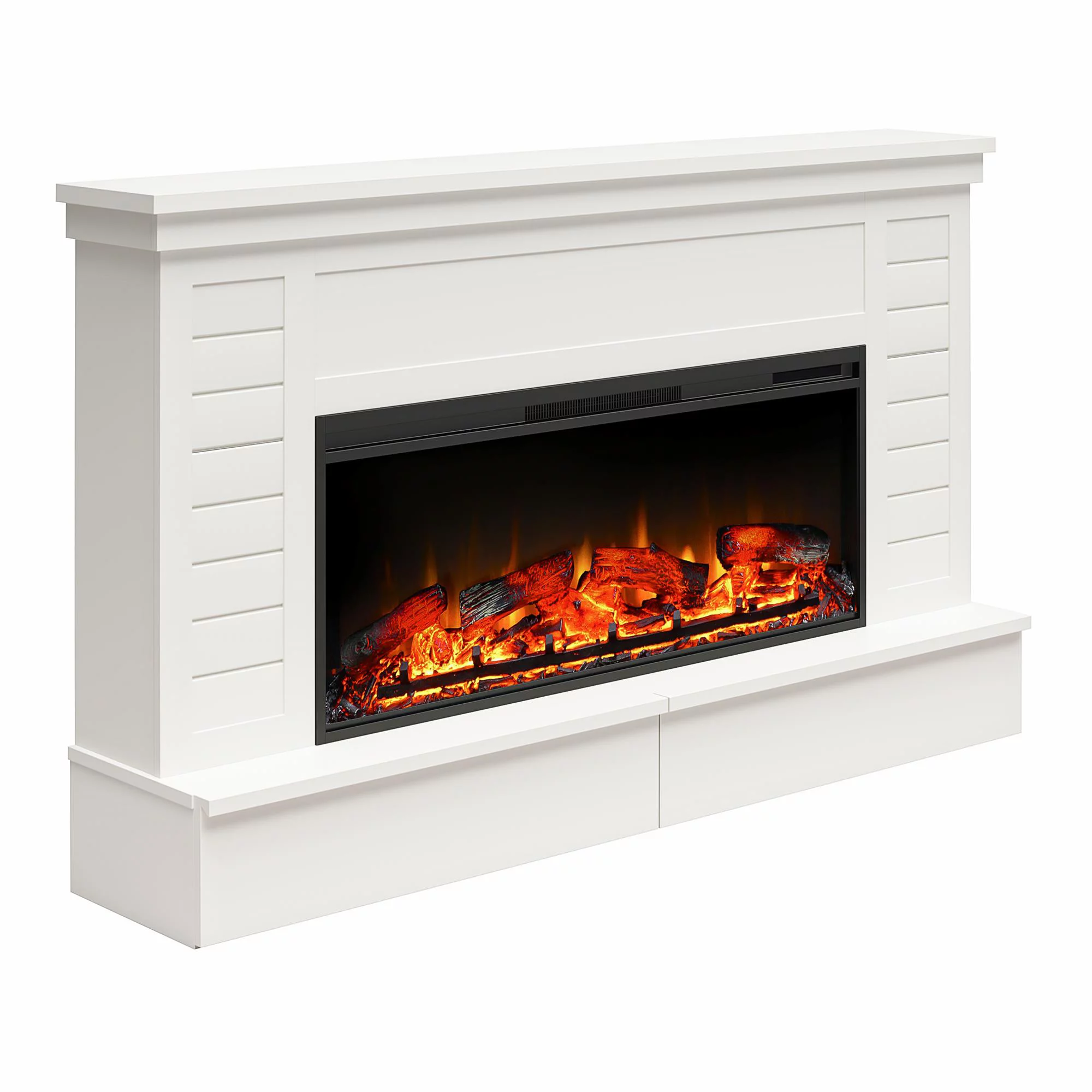 Ameriwood Home Heritage Place Wide Shiplap Mantel with Linear Electric Fireplace and Storage Drawers, White