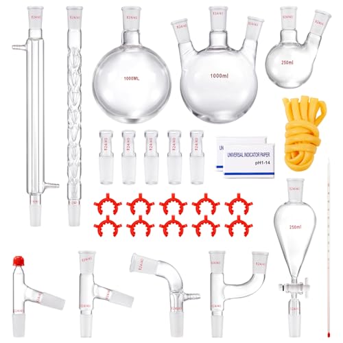 VEVOR New Laboratory Glassware 24/40 Chemistry Glassware 29PCS Chemistry Lab Glassware Kit 250 1000ml for Distillations Separation Purification