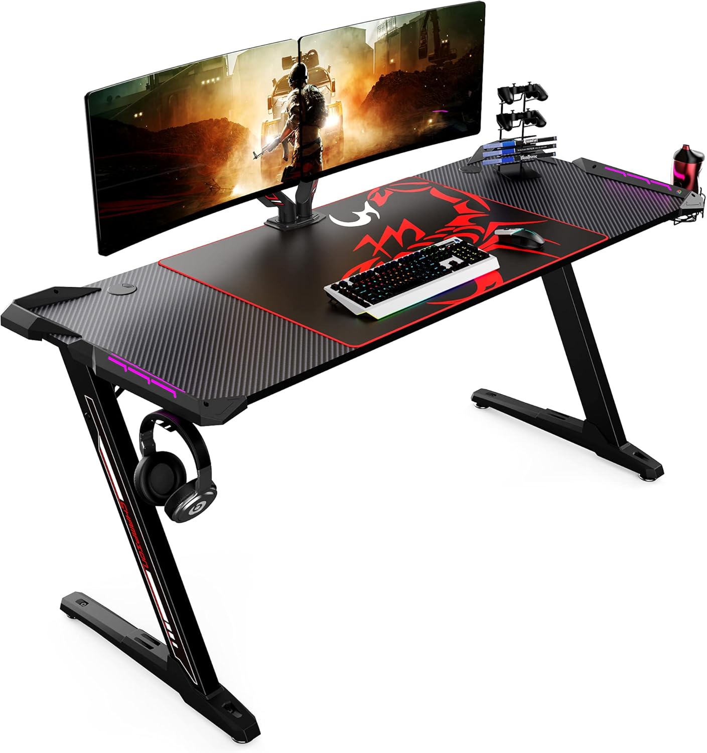 EUREKA ERGONOMIC Z60 Gaming Desk 60 inch Computer Desk Z Shaped Large PC Tables with RGB LED Lights Mouse Pad for E-Sport Racing Gamer Pro Home