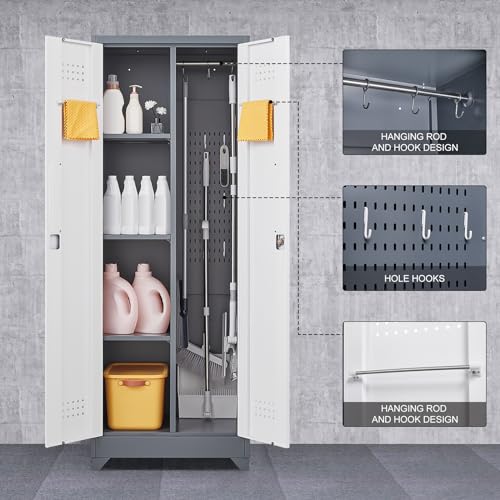 GREATMEET Broom Storage Cabinet, 65" Metal Utility Closet for Brooms and Mops, Cleaning Supply Cabinet with Pegboard