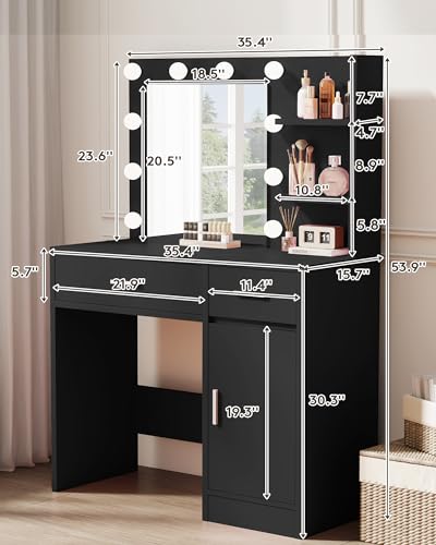 Vanity Desk with Mirror and Lights, Makeup Vanity with Drawer & Storage Shelves, Cabinet, 3 Lighting Modes Adjustable Brightness