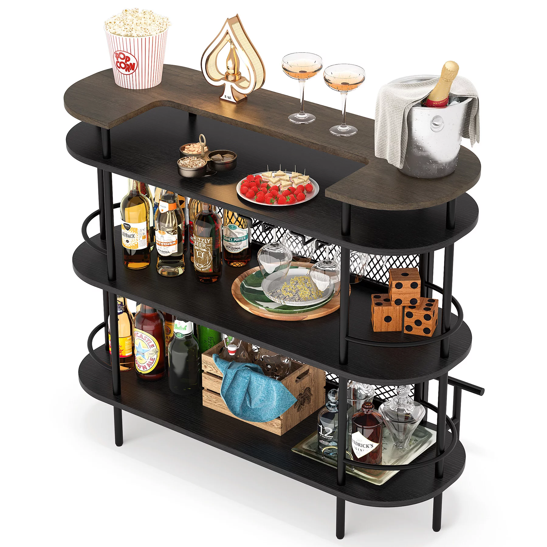 Bar Unit for Liquor, 4 Tier Bar Cabinet with Storage Shelves and Footrest, Corner Mini Bar Table with Wine Glass Holder for Home Bar