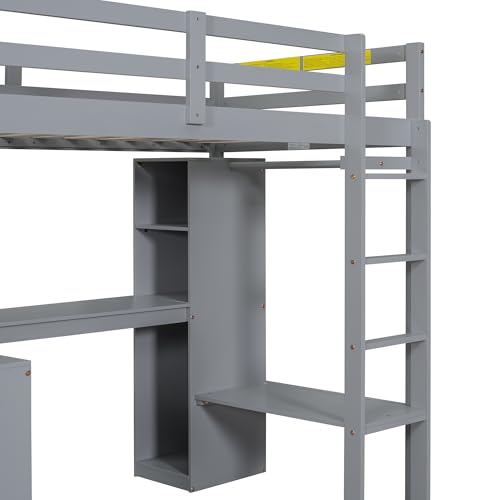 SOFTSEA Full Size Loft Bed with Desk & Wardrobe, Wood Loft Bunk Bed with Storage Shelves and Cabinets
