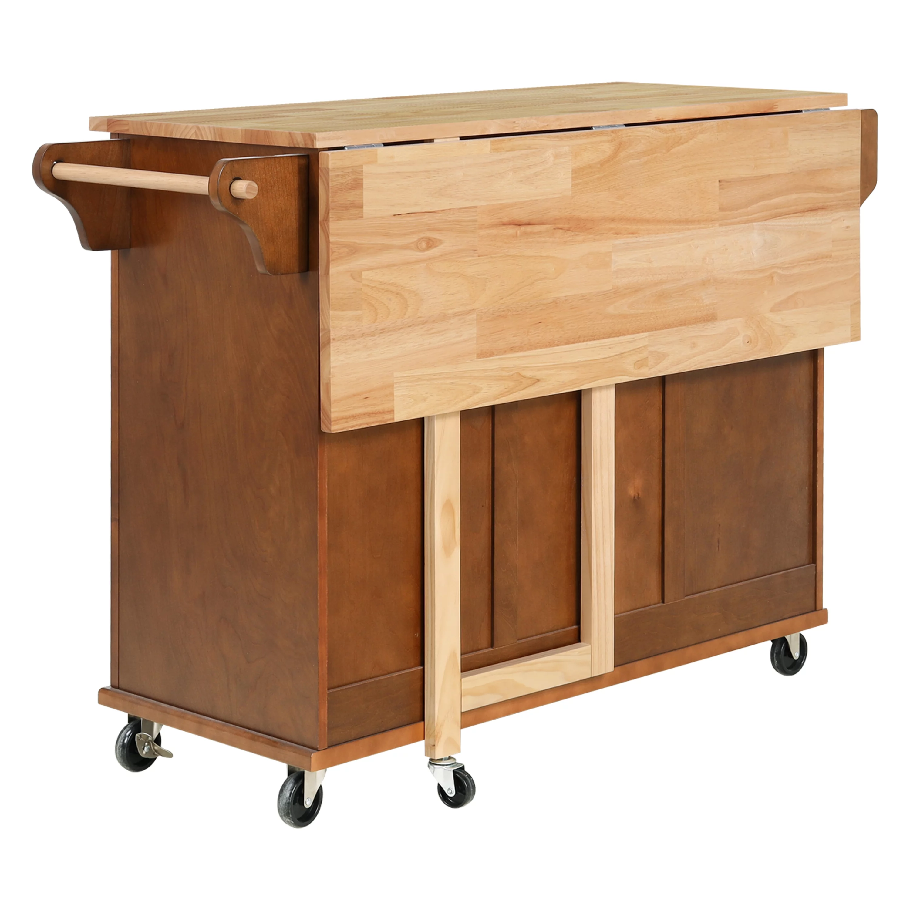 Rolling Kitchen Island Cart with Large Storage Cabinet on Wheels, Solid Rubberwood Countertop with Drop Leaf, Greenguard Gold Certified, 4-Droors