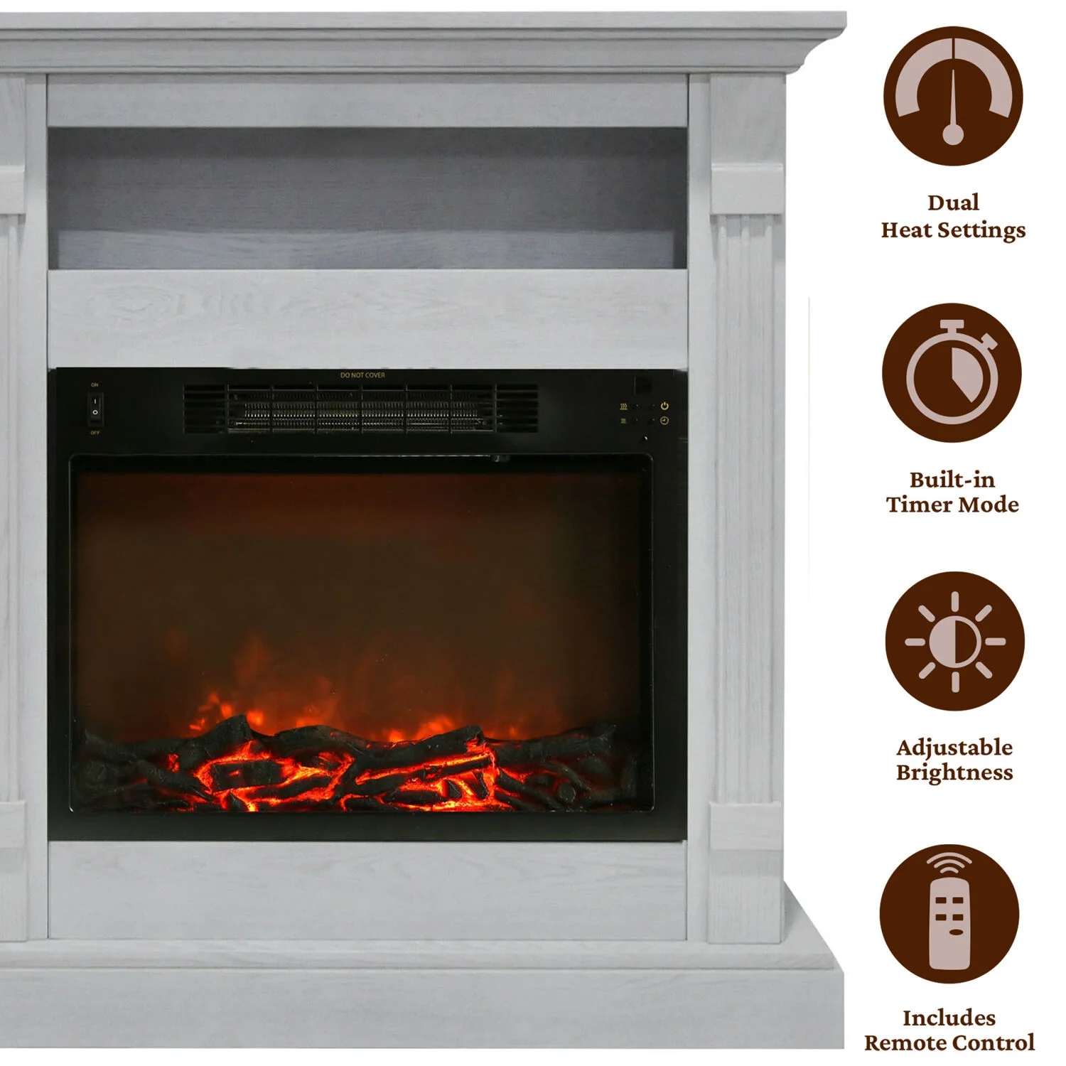 Cambridge Sienna 34" Freestanding White Mantel Electric Fireplace Heater with Realistic Flames & Log Insert | Fireplace Console Heater For Rooms up