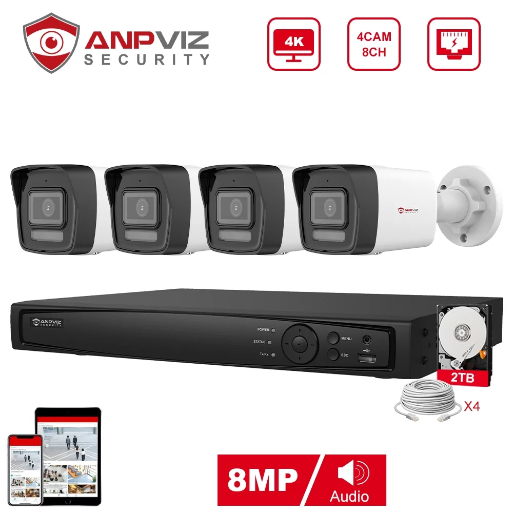 Anpviz 8CH 4K PoE Home Security Camera System, 8MP H.265+ NVR AI CCTV System and 4PCS 4K IP Bullet Camera With 2TB HDD, Human Vehicle Detection
