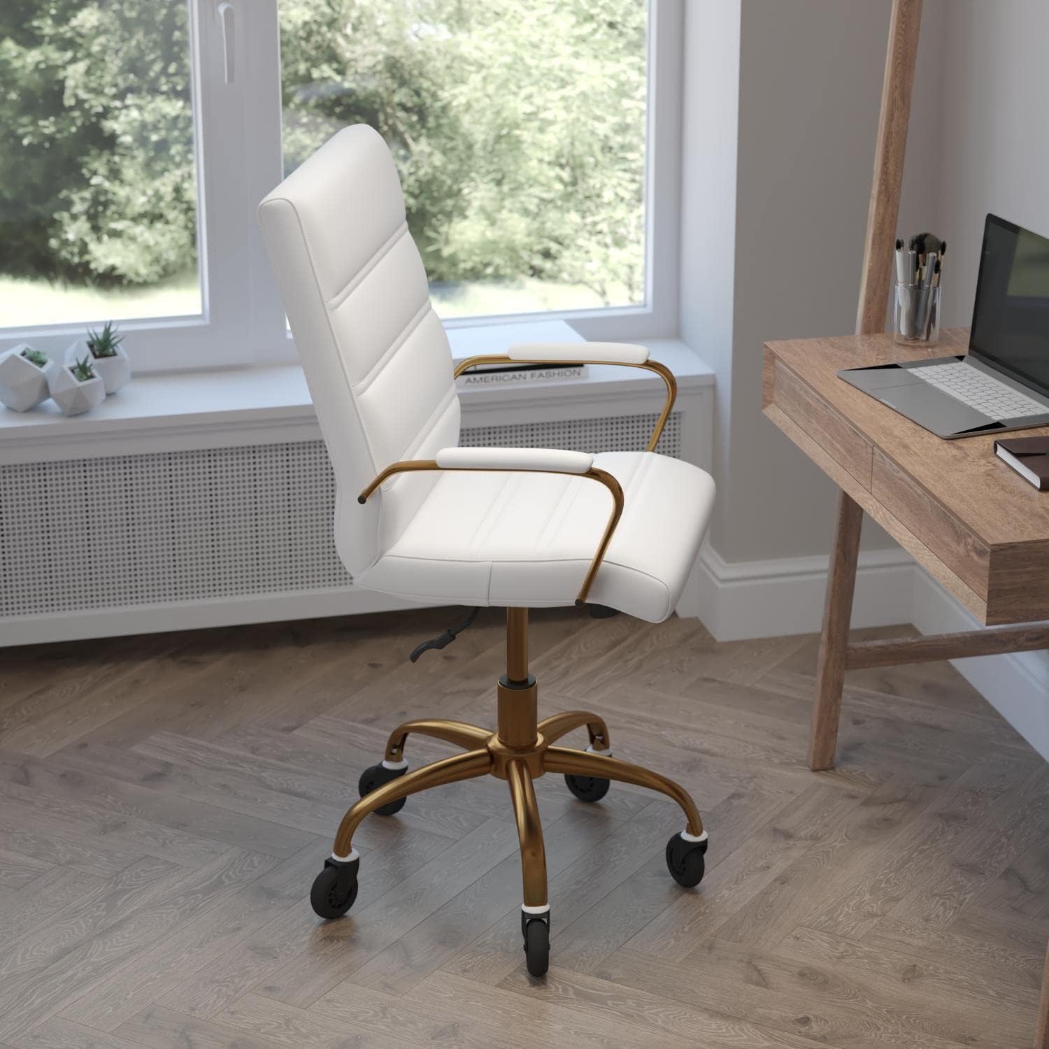Flash Furniture Camilia Mid-Back Executive Swivel Office Chair with Gold Frame, Arms, and Transparent Roller Wheels, 24", White LeatherSoft