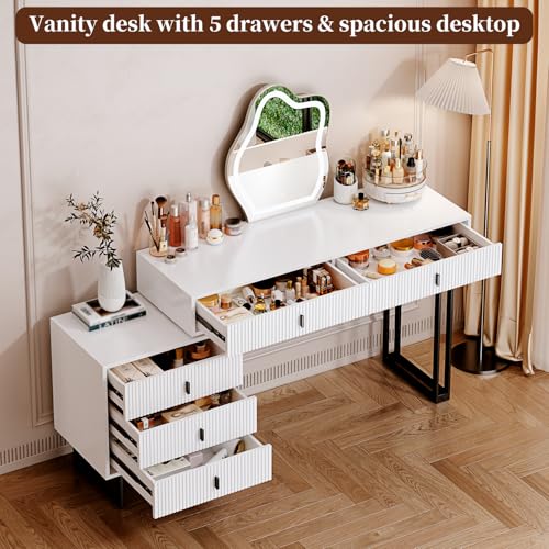 Makeup Vanity Desk with Cloud Lighted Mirror with Power Outlet and LED Strip, 3 Color Lighting Modes with Adjustable Brightness