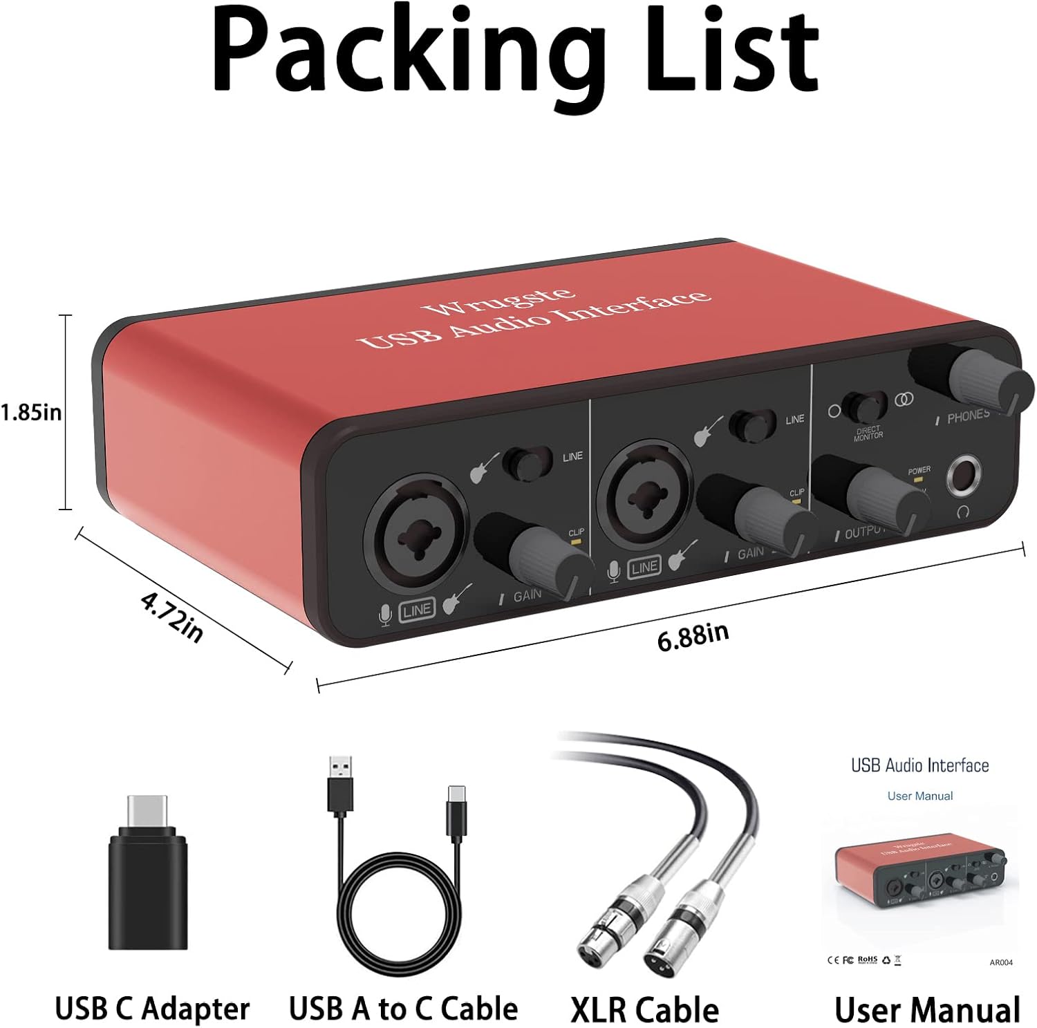2i2 USB Audio Interface +48V Phantom Power 24Bit/96kHz for Recording Podcasting and Streaming Ultra-low Latency Plug and Play Noise-Free XLR Audio