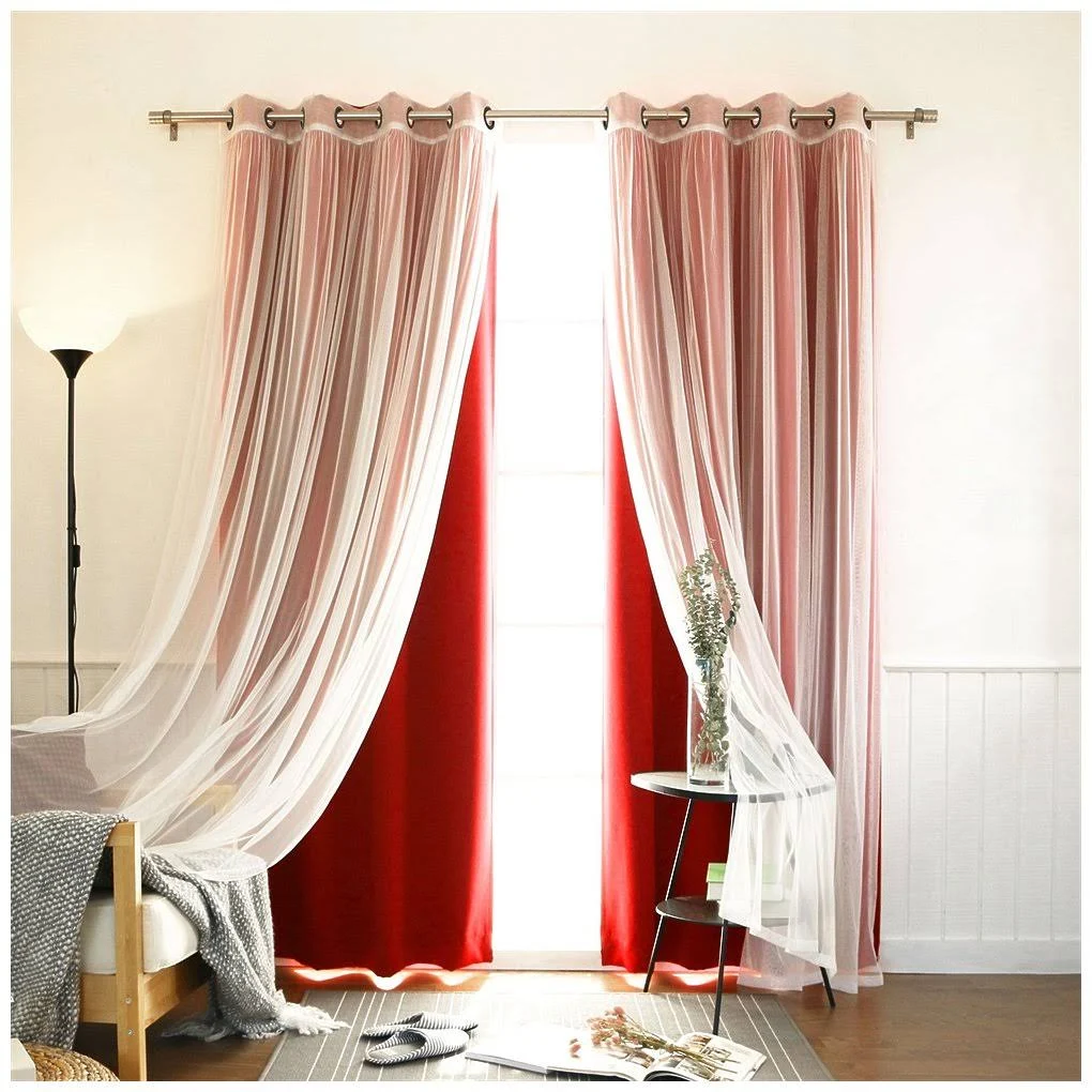 Best Home Fashion Mix u0026 Match Tulle Sheer Lace Blackout Curtain, Cardinal Red - 4 count