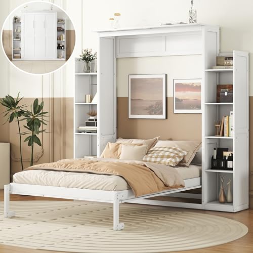Queen Size Murphy Bed with Shelves and LED Lights, Foldable Wood Wall Bed Frame with Flexible Slats Support, Can Be Folded Into Cabinet