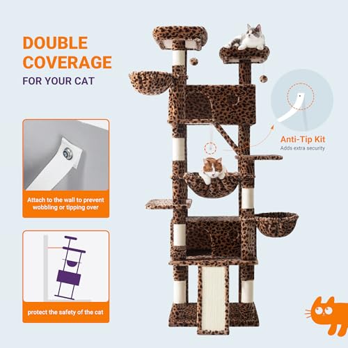 Allewie 81 Inches Tall Cat Tree/Multi-Level Large Climbing Tree House and Towers for Big Feline/Condo and Hammock/Scratching Post/Wide Base/Dark Grey