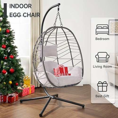 Hanging Egg Chair with Stand, Outdoor Indoor Egg Swing Chair with Cushion Headrest, Wicker Rattan Egg Chair with Dual Chains