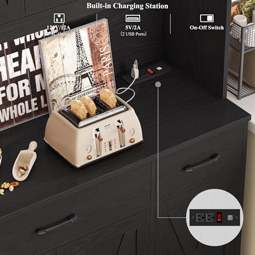 HOSTACK 71" Tall Kitchen Pantry Storage Cabinet with Charging Station, 55" Wide Kitchen Hutch Cabinet with Large Countertop