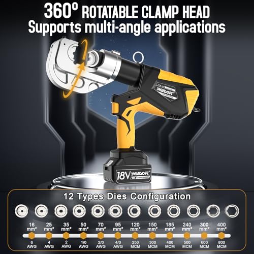 SWANSOFT Electric Hydraulic Cable Lug Crimping Tool, 12Ton 6AWG-800MCM Rechargeable Hydraulic Crimper for Cu/Al Terminal