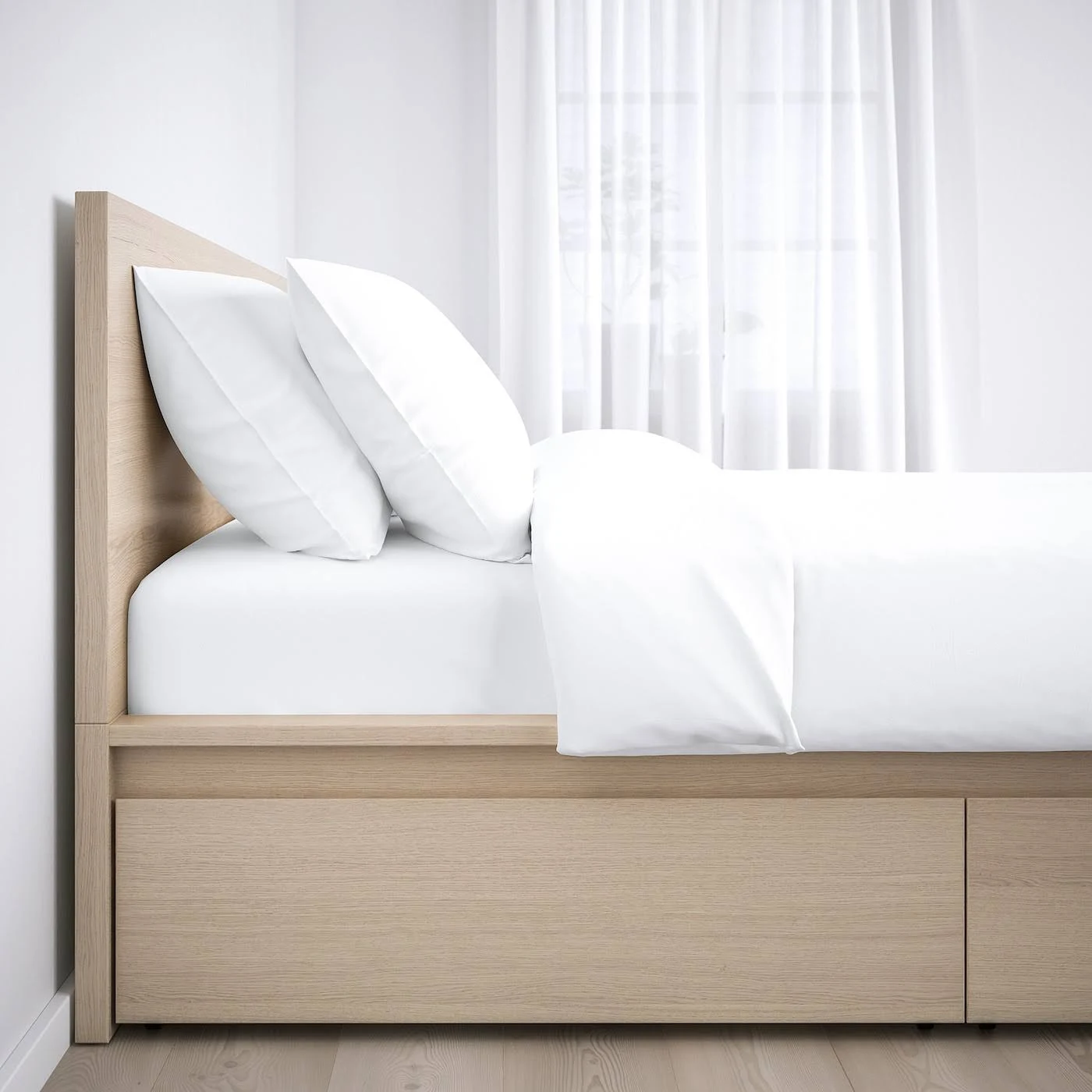 IKEA - Malm High Bed frame/4 Storage Boxes, White Stained Oak Veneer, King