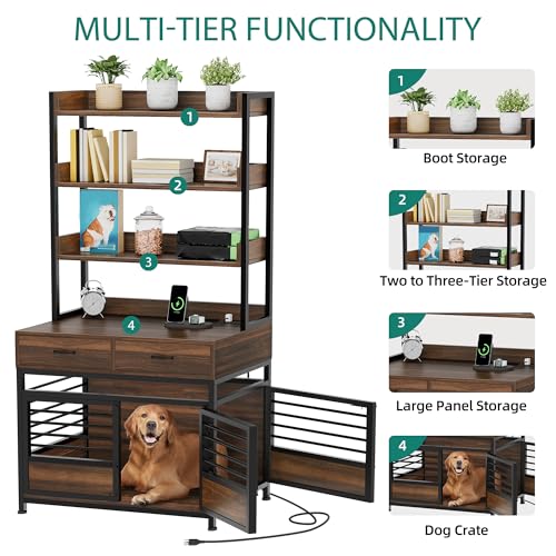 YITAHOME 39 Inch Dog Crate Furniture with Storage Shelves, Wooden Dog Crate for Large Dogs with Power Outlets