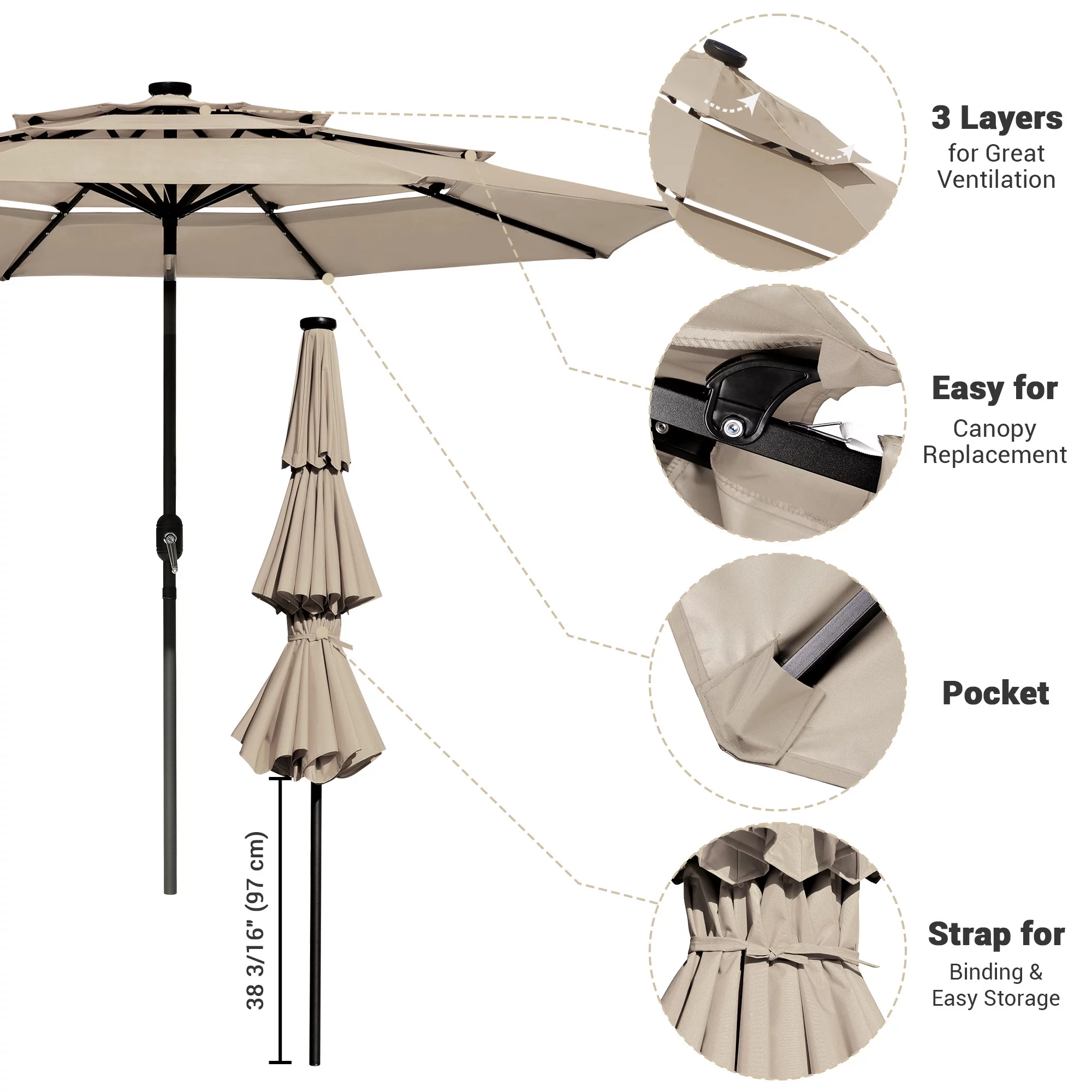 Yescom 10 Ft 3 Tier Patio Umbrella with Solar LED Crank Tilt Button Garden - Radiant Selections