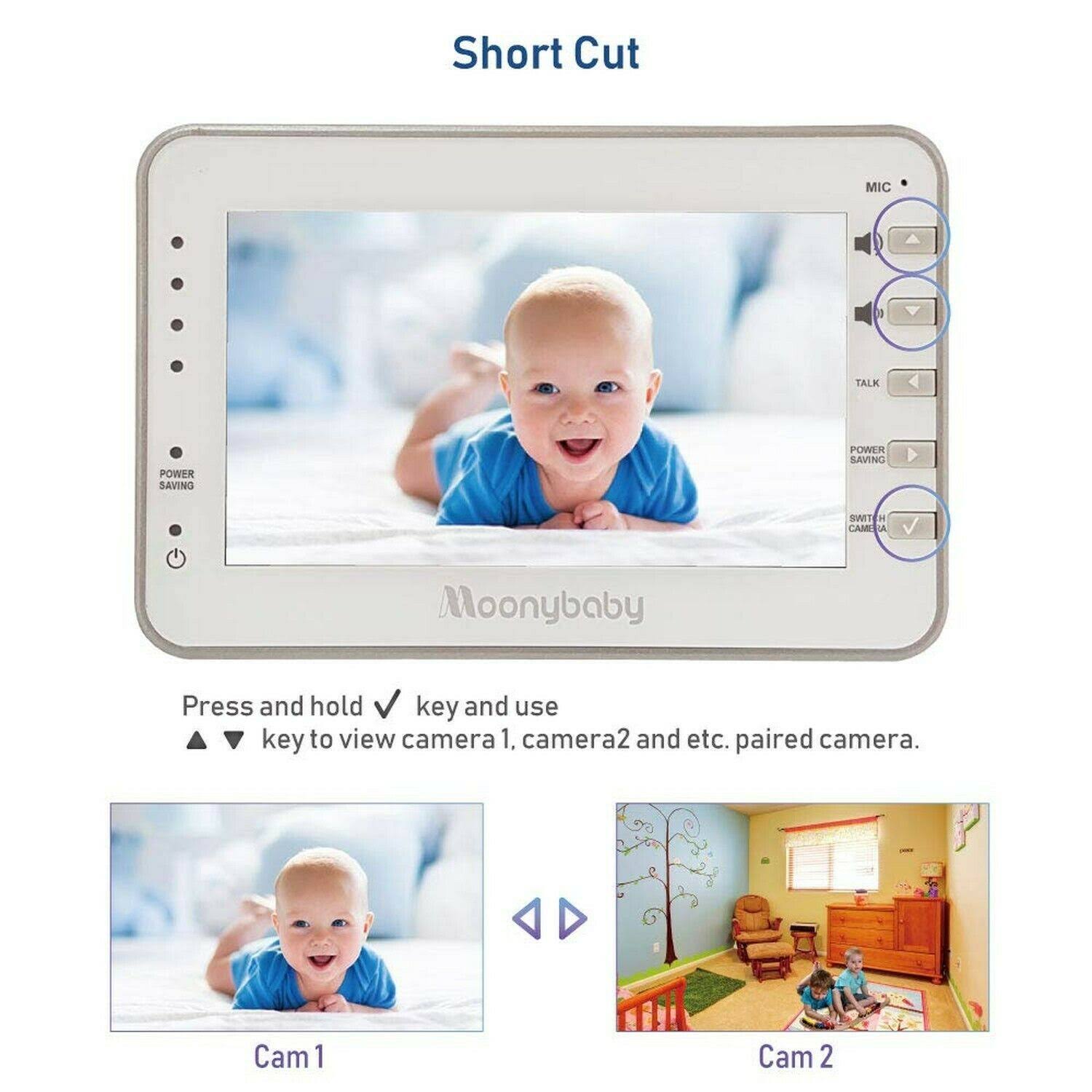 Moonybaby Video Baby Monitor for Camping or Vacation with 2 Portable Cameras for 2 Rooms, 4.3 Inches LCD, No Wifi, Long Battery