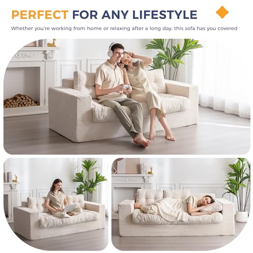 MAXYOYO 3 Seater Couch for Living Room, Boneless Couch with Tufted Cushion & Backrest, Upholstered Floor Sofa with Armrests, Sofa in A Box