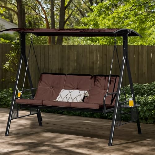 Yaheetech 3-Seat Deluxe Outdoor Patio Porch Swing with Angle-Adjustable Sunshade/Cupholder/Lie Down Hanging Chair, Lounge Chair for 3 People