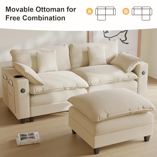 Modular Sectional Sofa, Cloud Couch with Ottoman, Charging Station, Throw Pillows, Cup Holders, Modern Convertible U Shaped Couches for Living Room