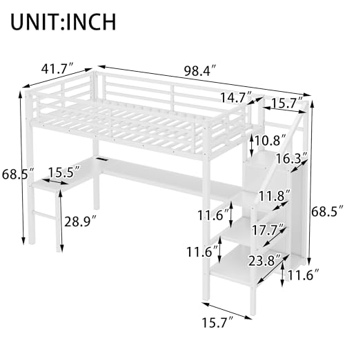 Bellemave Full Size Metal Loft Bed with L Shaped Desk and Wardrobe, Heavy Duty Loft Bed Frame with Storage Stairs