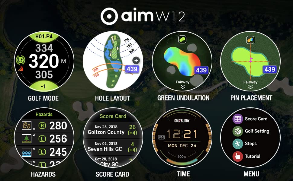 GOLFBUDDY Aim W12 Golf GPS Watch, Premium Full Color Touchscreen, Preloaded with 40,000 Worldwide Courses, Hole Preview, Green Undulation