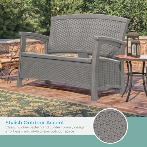 Suncast Elements Stylish Lightweight Loveseat Outdoor Seating with Convenient Built In Universal Storage, and All Weather Plastic, White