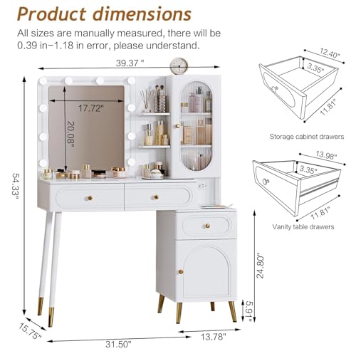 Vanity Desk with Mirror and Lights, with Power Outlet and 10 Lights Modern Capacity Makeup Vanity with 3 Drawers, Makeup Table for Bedroom