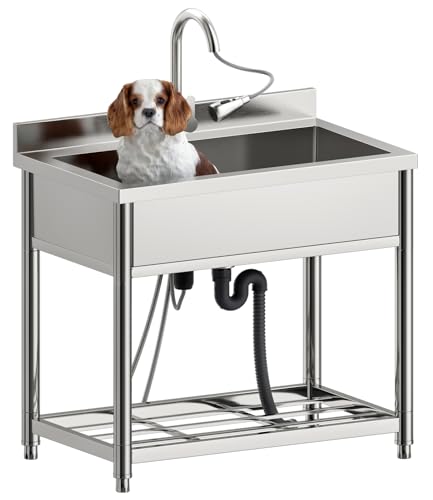 Stainless Steel Large Utility Sink Single Bowl, Freestanding Laundry Sink with Pull-Out Faucet, Utility Sink for Laundry Room, Garage, Kitchen
